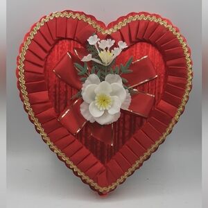 Vintage Moir's Valentine’s Chocolate Heart Box Red Ribbon Flowers Ruffle 1960s